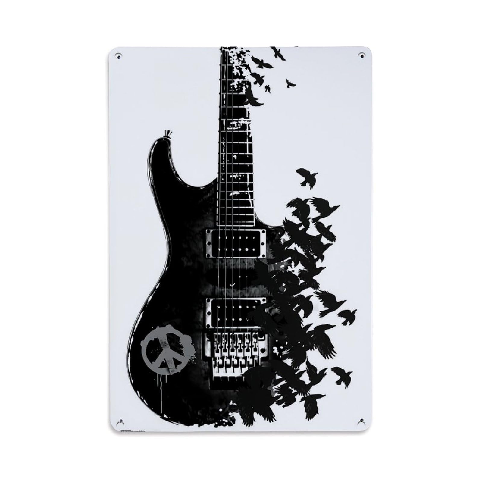 Jdfenggu Vintage Black Guitar With Flying Birds Retro Metal Tin Sign, Metal Poster For Bar, Home, Man Cave, Kitchen, Laundry Room Art Decor 8X12 Inch