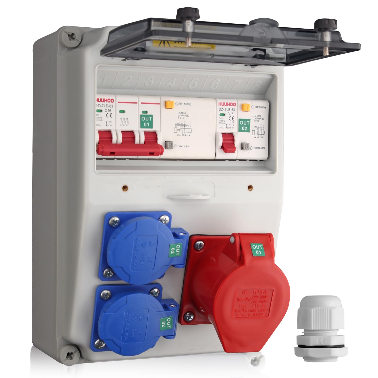 Kamtop Baustromverteiler mit LS+FI, 2 x 230V Schuko- & 16A CEE-Steckdosen Wandverteiler, IP66 Wasserdicht Stromverteiler, Professionelle Verdrahtung für Innen Außenbereich auf Baustellen