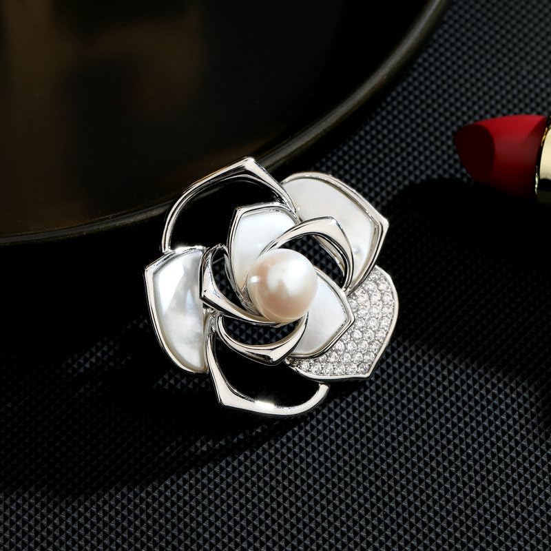 Image of Stunning 14K Gold Moissanite Camellia Brooch,With Openwork Design and Pearl Embellishments ,Ideal Shawl Buckle Accessory & Beautiful Gift