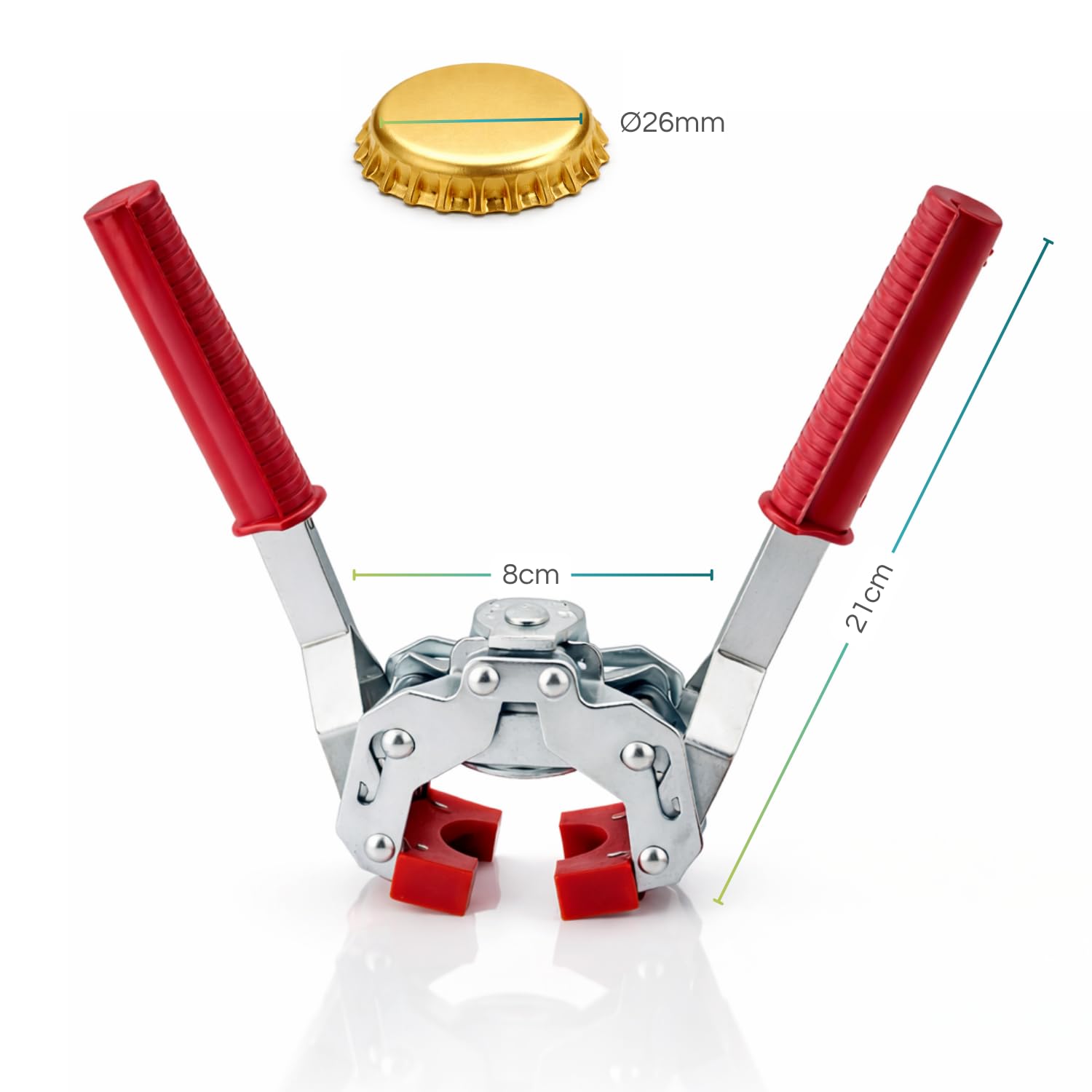 VIRSUS Tappatrice Manuale in Ferro a 2 Leve ETER130, Capsulatrice con Guarnizione in Nylon per Tappi a Corona Ø 26 mm Bottiglie Vino Birra + 100 Tappi a Corona Diametro 26 mm
