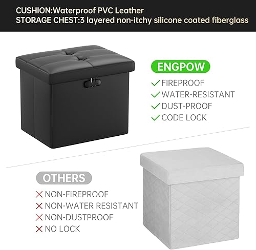Miniatura 9 de ENGPOW Otomana de almacenamiento con cerradura, taburete otomano plegable ignífugo e impermeable, con almacenamiento seguro para documentos