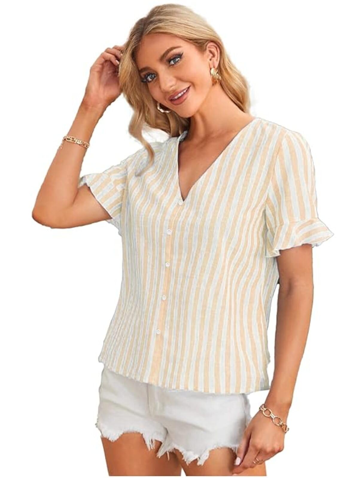 Women's Cotton Regular Fit Plus Size Short Sleeve Deep V Neck Self Belted Casual Peplum Wrap Blouse Top-image-28