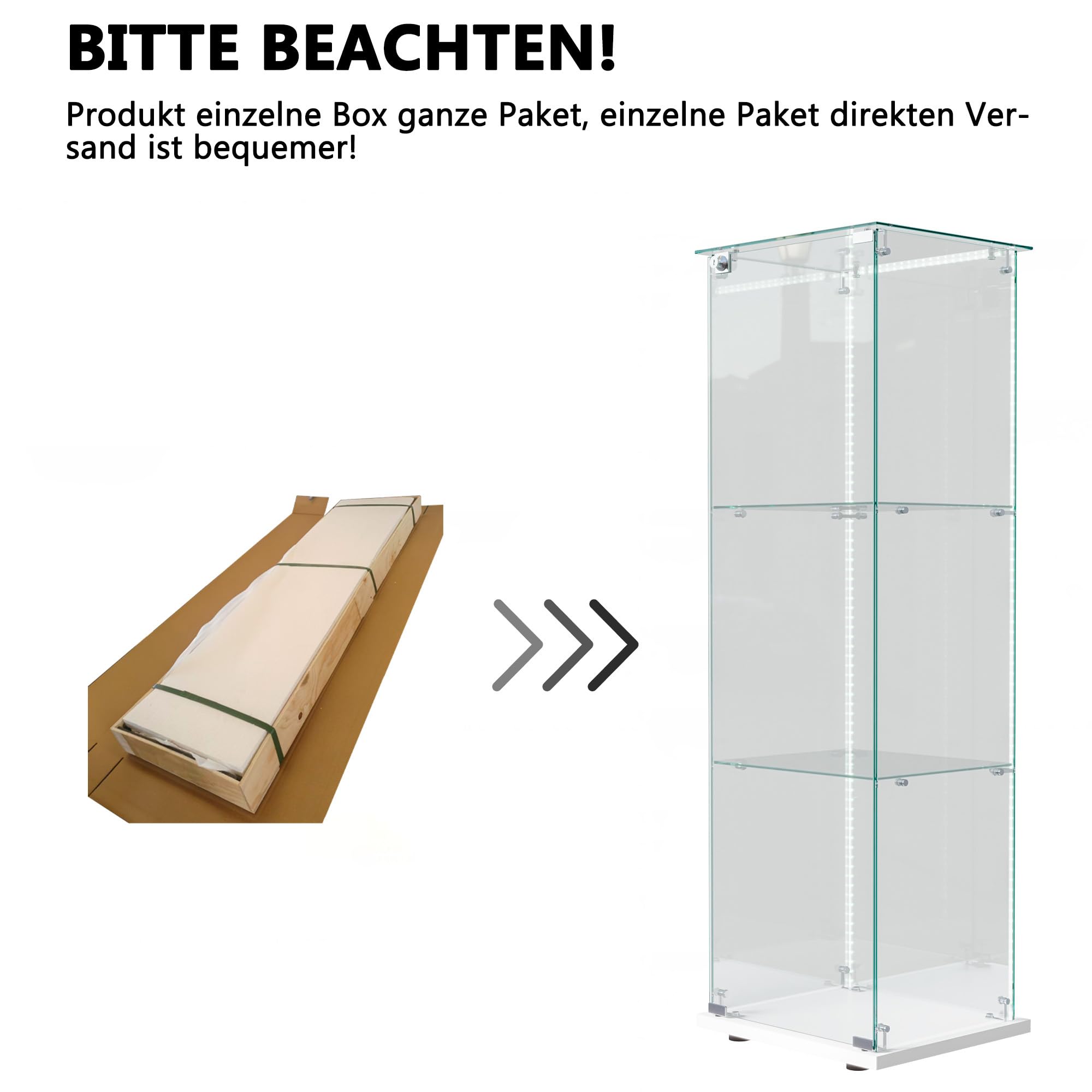 Glasvitrine Standvitrine,Glasvitrine Stehend mit Led,3 Lagen Glas Holz Glas Vitrine Vitrinenschrank 1 TüR und Schloss Vitrine Glasschrank Display Cabinet Sammlervitrine (Weiß, 3 Etagen 1 Tür+LED-2)