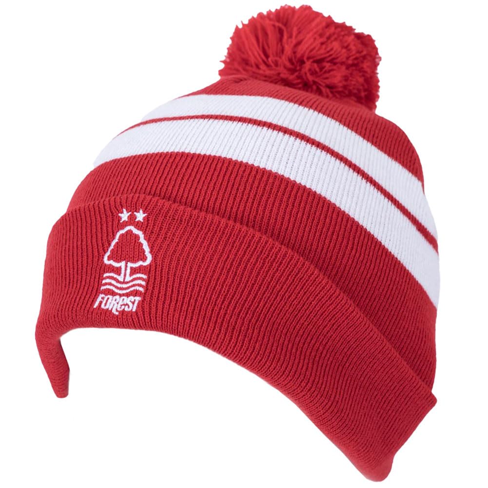 Nottingham Forest FC Red and White Bar Knit Ski Bobble Hat Knitted Beanie
