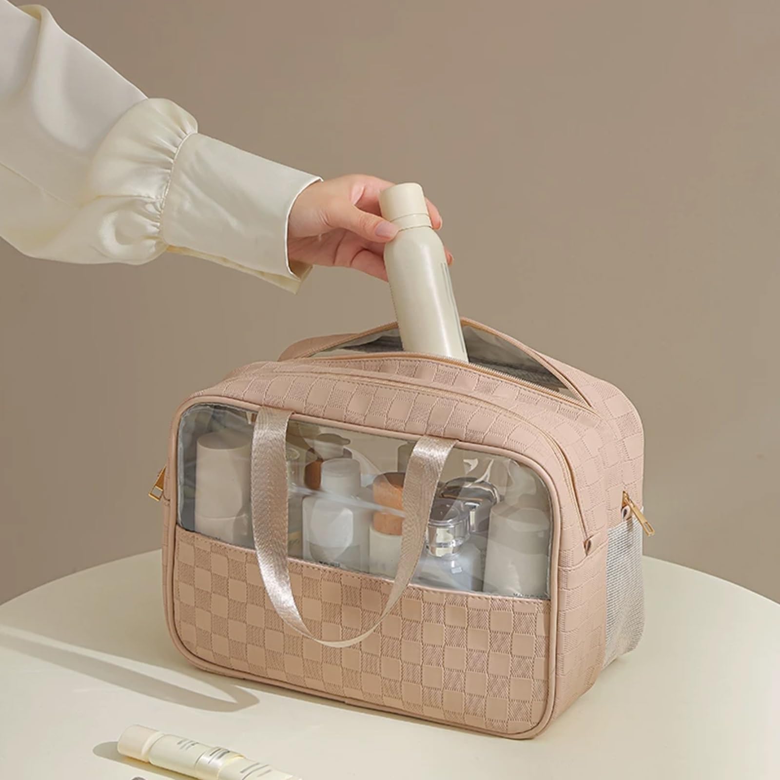 Borsa da Viaggio Impermeabile in PU, Beauty Case Portatile per Donna, Design a Doppio Strato, separazione tra Bagnato e Asciutto, pronta all'Uso in Qualsiasi Momento, per Una Vita