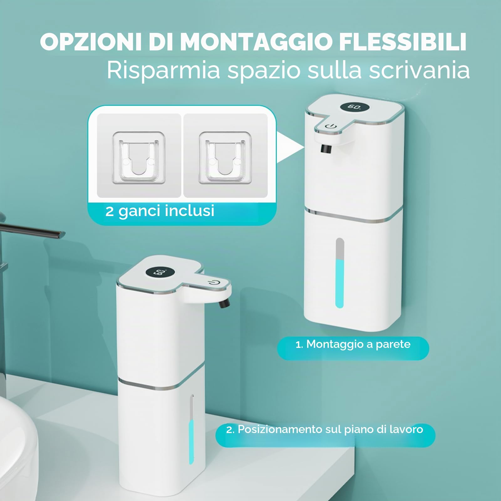 400ML Dispenser Sapone Automatico con Sensore con 2 ganci e cavo USB, 6 Livelli Regolabili Dispenser Sapone Bagno a Muro Bianco, IPX5 Impermeabile per Cucine, Bagno, Hotel, Ufficio, Servizi Iigienici