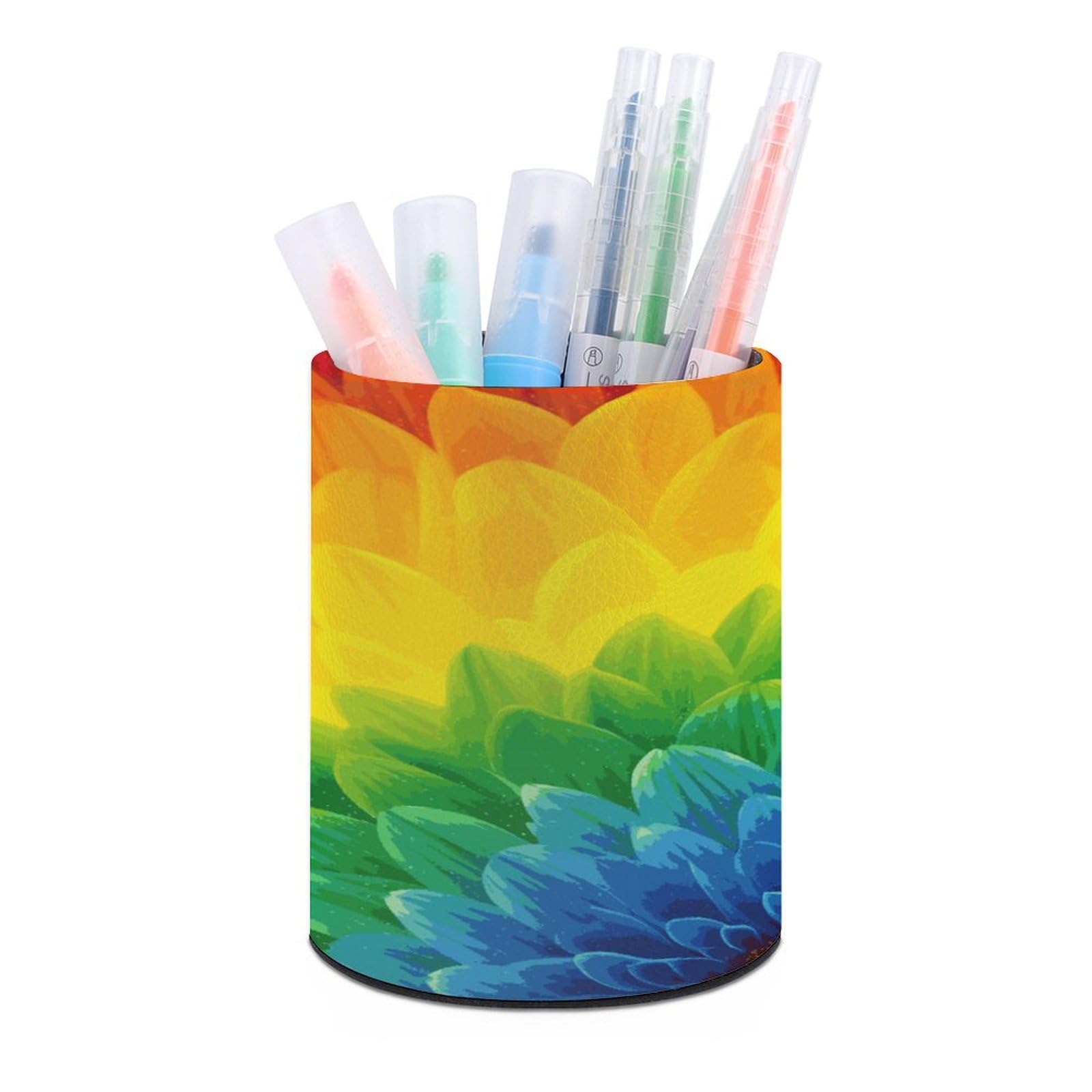 JTREHY Sunflower Rainbow Pen Holder Round Pen Pencil Holder Makeup Brush Holders Cup PU Leather Pencil Cups Desktop Caddy Stationery Organizer Case Office Accessories Container Box