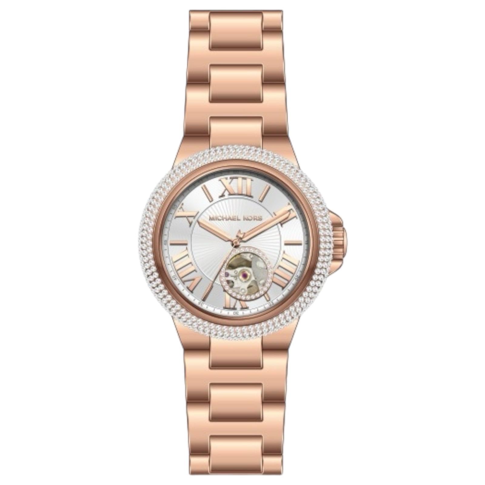 Michael Kors Reloj para mujer Camille, movimiento automático de tres manecillas, caja de 33 mm de acero inoxidable color oro rosa con correa de acero inoxidable, MK9051
