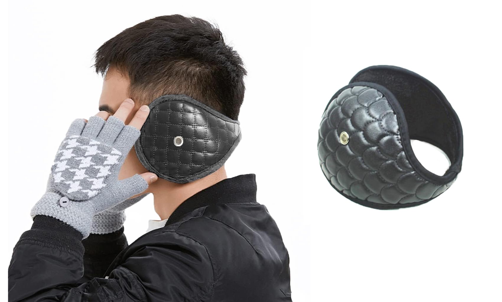 Black Comfortable Furry Inner & PU Leather Warm Ear Covers with air hole for Men/Women Earmuffs for Winter Cold Protection