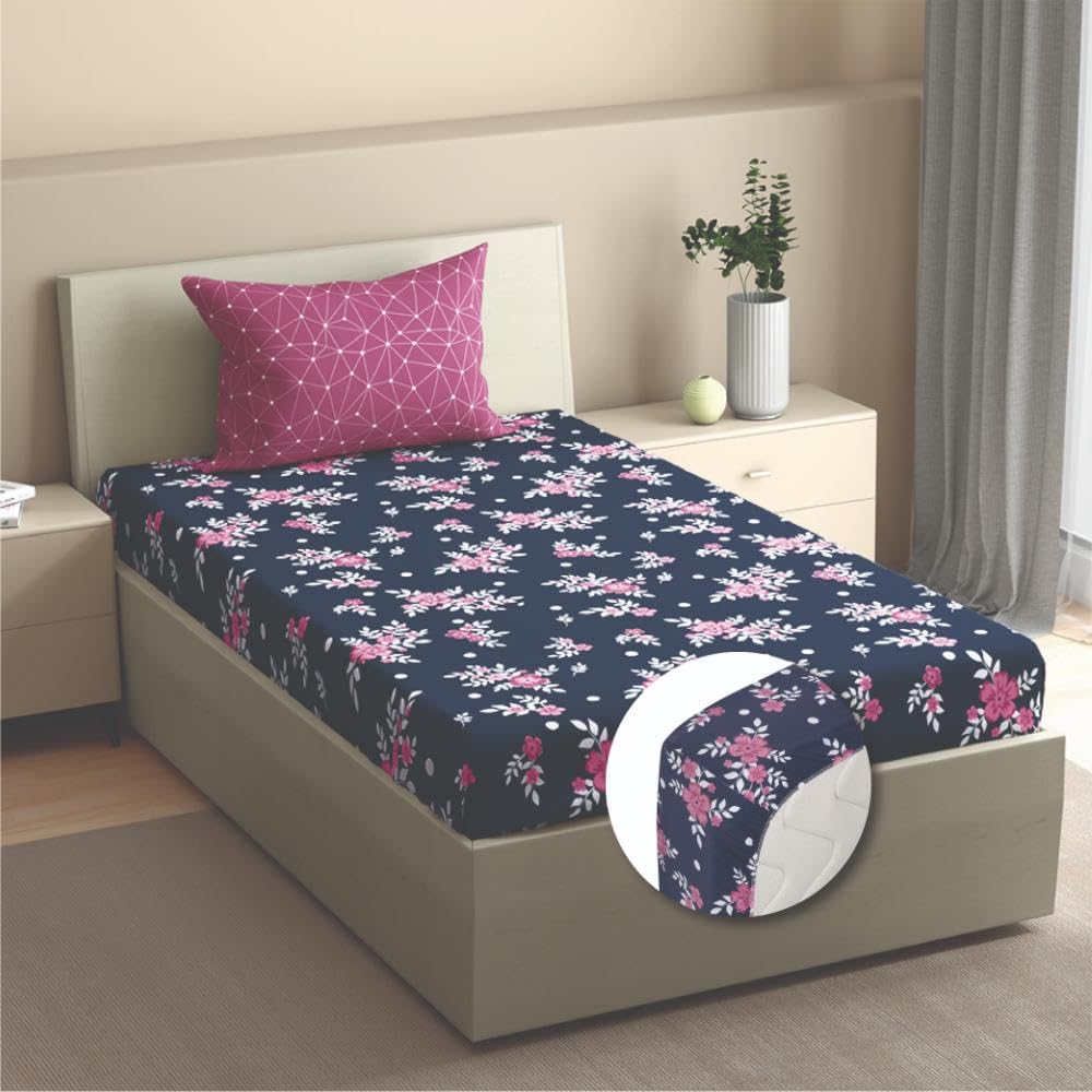 Wakefit Cotton Fitted Bedsheet | 200 TC Elastic Fitted Sheet, Single Bed Bedsheet Solid with 1 Pillow Cover | Paula - 72X30 Inches,Blue
