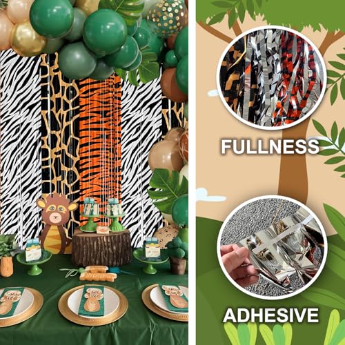 Image of Jungle Safari Balloon Arch Garland Kit Birthday Party Decorations, Animal Foil Fringe Curtains Backdrop Tinsel Streamers Banner Tropical Palm Leaves for Safari Themed Wild Party Decor Supplies Favors