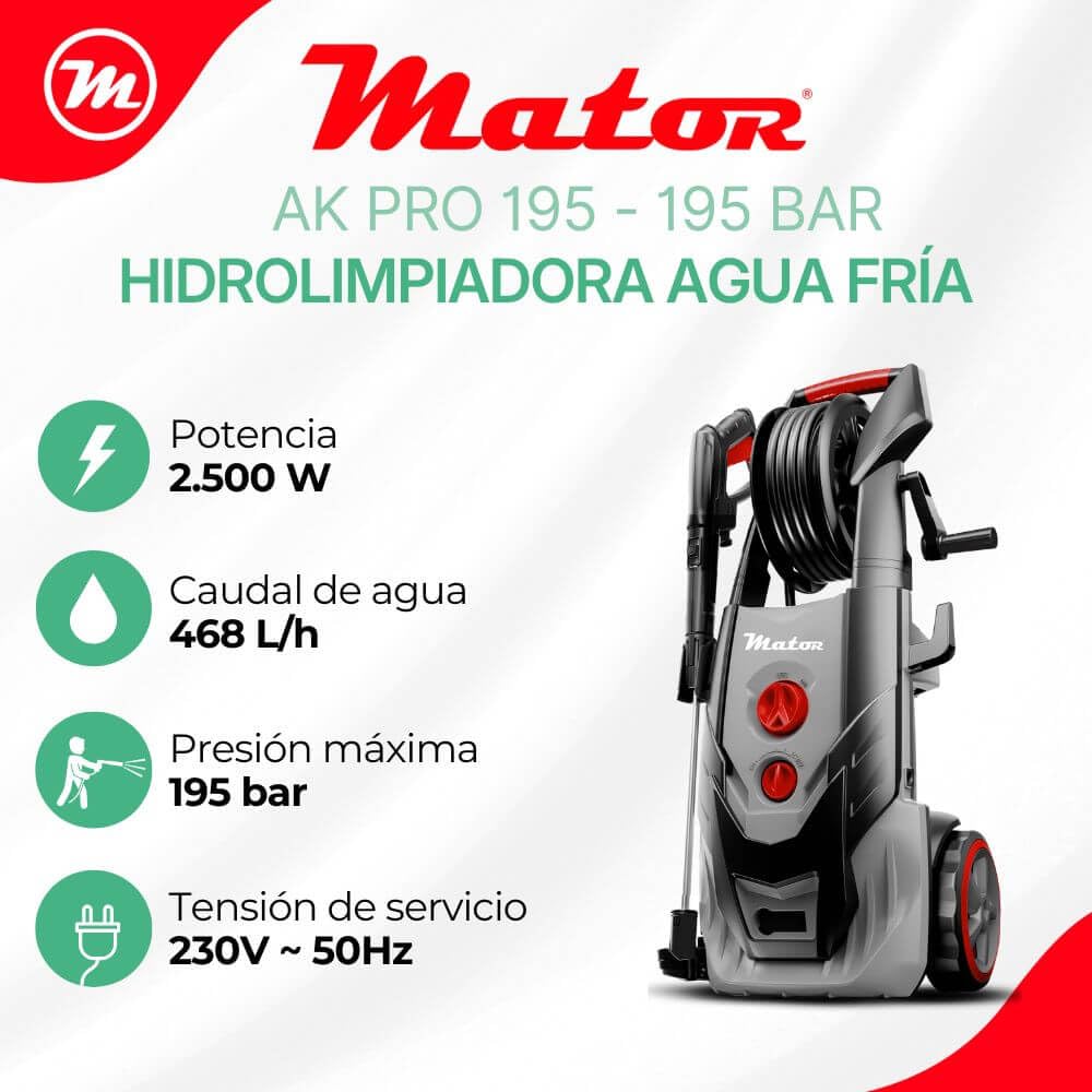Hidrolimpiadora Profesional de Agua Fría 195 Bar – Alta Presión con Motor de 2.500 W – AK Pro 195 – Mator