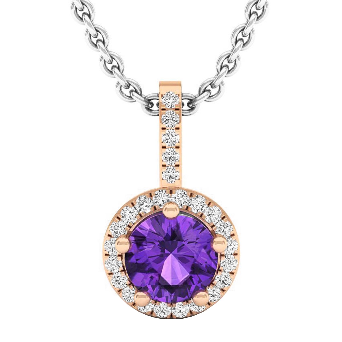 Dazzlingrock Collection Colgante de piedra preciosa redonda de 5 mm y diamante blanco para mujer (cadena de plata incluida), oro rosa macizo de 14 quilates, Silver Chain, Amatista Diamante Oro Rosa
