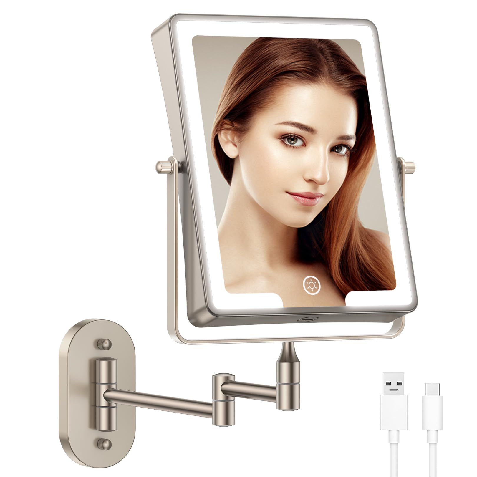Famihomii Recargable Espejo Maquillaje con Luz Pared, Grande 8,7 Pulgad Baño de Pared con Regulable 3 Color Luces, 360 Giratorio Brazo Extensible, SPA, Hotel, Plata 22CM * 20.8CM