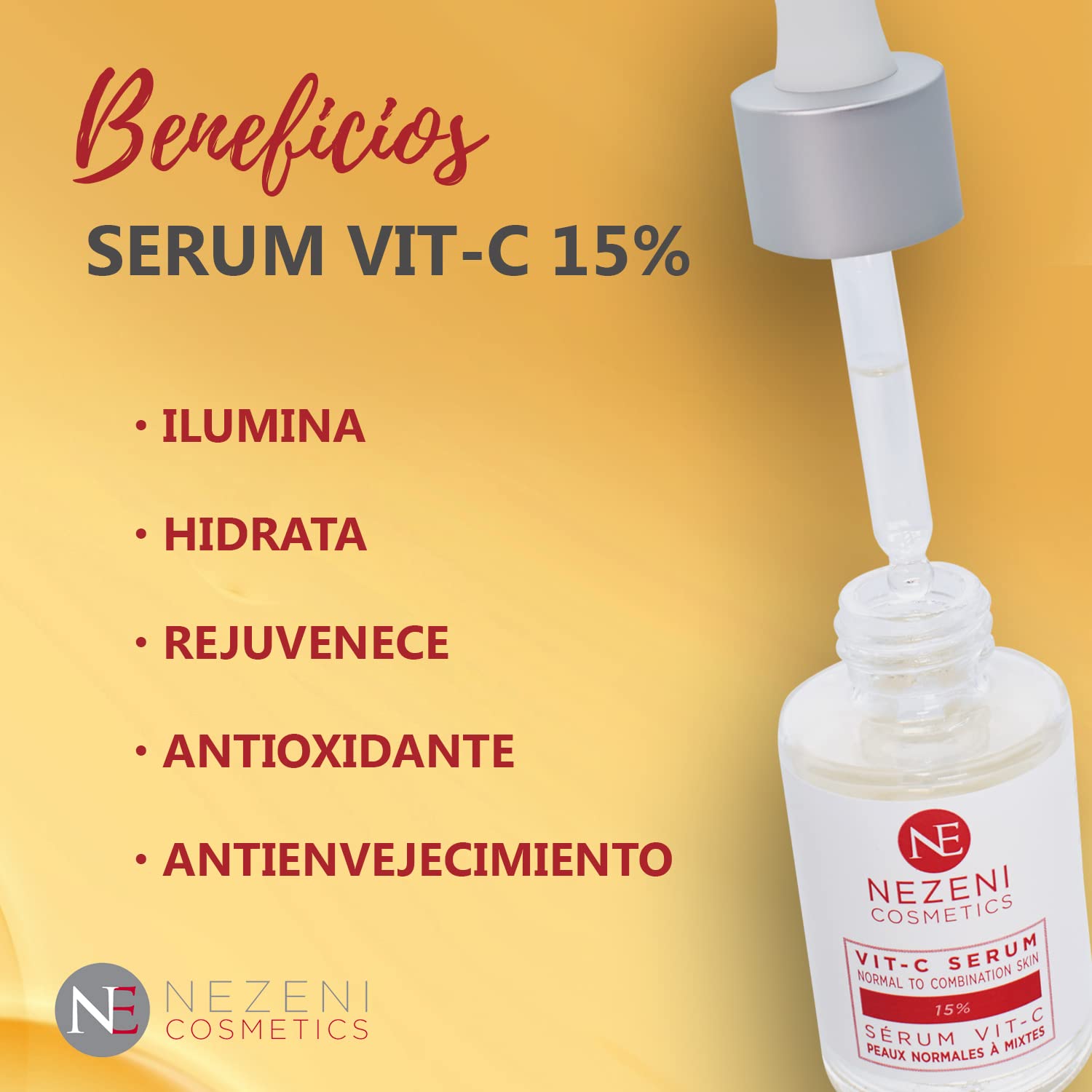 Serum VITAMINA C 15% + 10% Niacinamida + Ácido Hialurónico – 7 principios activos - BAJO CONSERVANTES 2 años caducidad cerrado