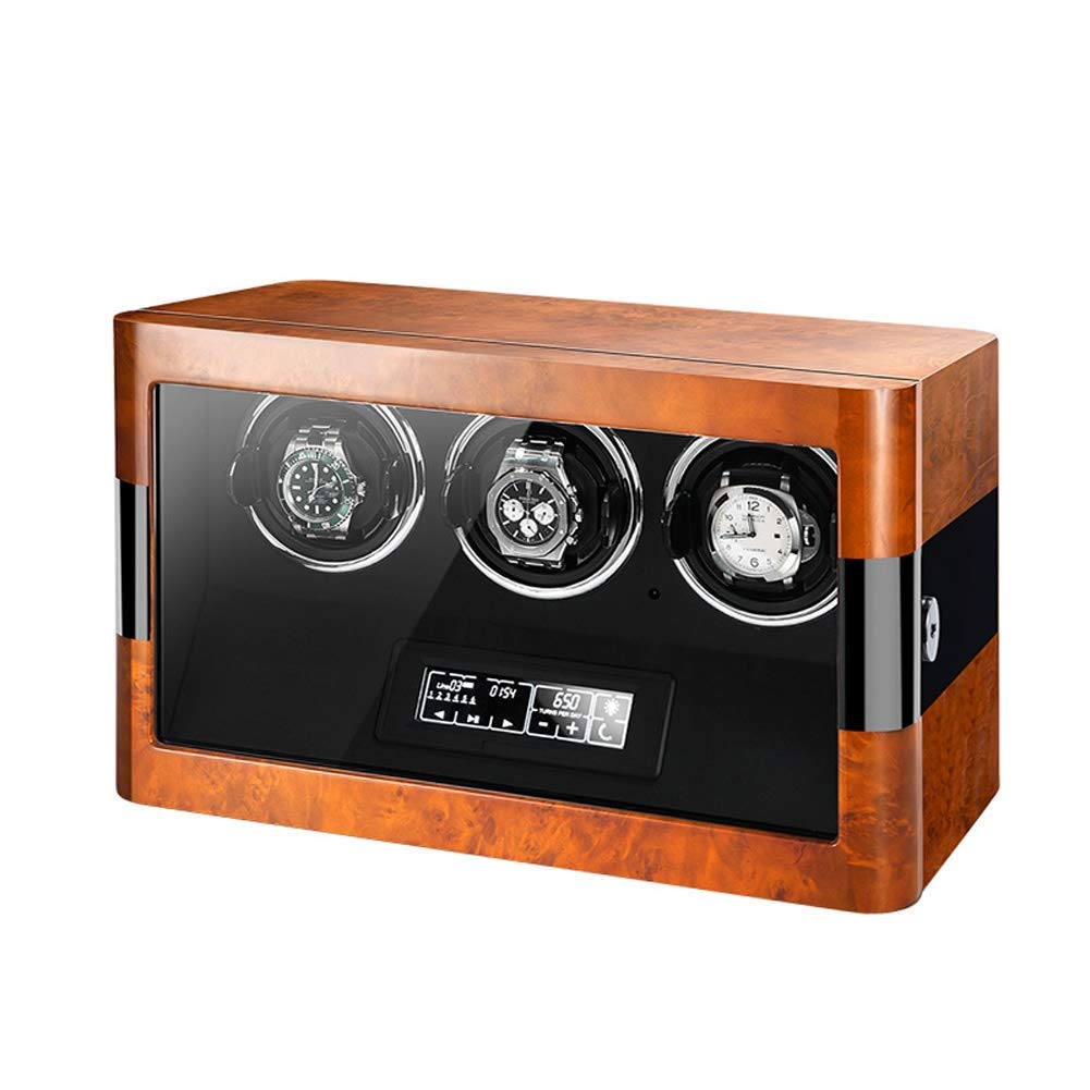 Caja de Madera para enrollar Relojes automáticamente, con Pantalla táctil LED y Almohadillas Ajustables para Relojes, Control Remoto, Motor silencioso y 3 Compartimentos ，B