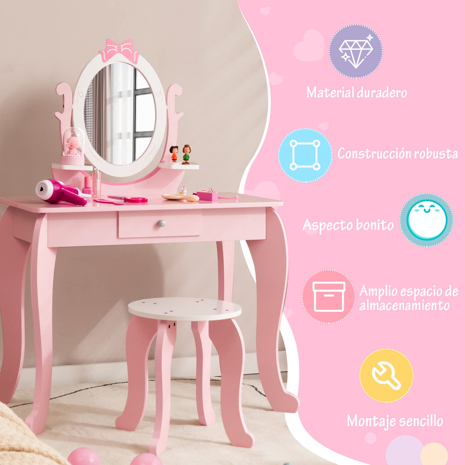 COSTWAY Juego de Tocador de Maquillaje para Niñas, Mesa de Maquillaje con Taburete de Madera 2 en 1, Espejo Ovalado, Cajón, Set de Mesa y Silla de Maquillaje para Niñas de 3 a 7 Años