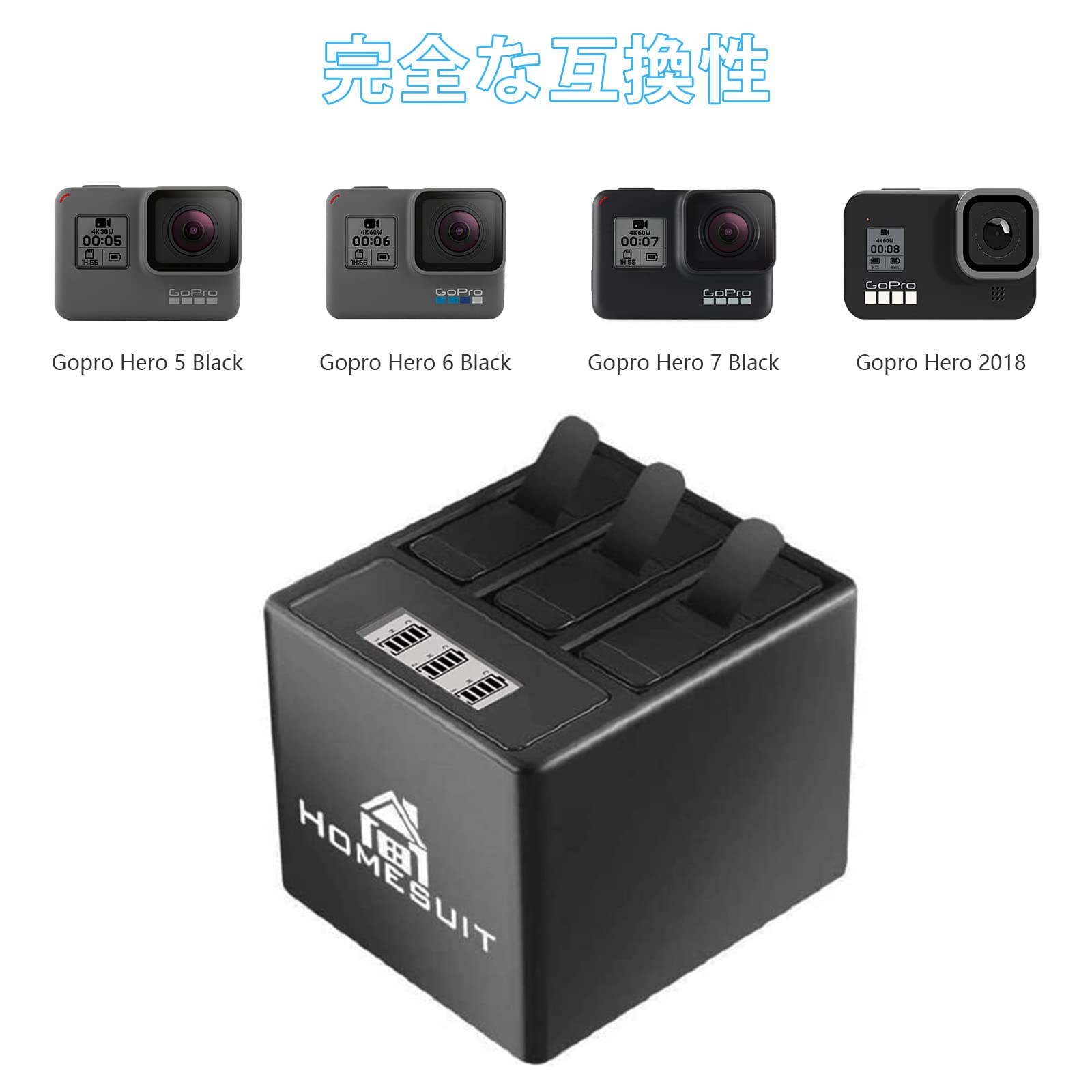 Amazon | Homesuit Gopro HERO 8 /7 /6 対応 バッテリー LCD残量表示 3 