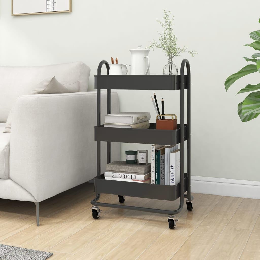 Carro de 3 niveles antracita acero 43 x 34 x 79 cm móvil con ruedas y frenos, carrito de cocina con espacio de almacenamiento, carrito auxiliar para estación de trabajo y almacenamiento