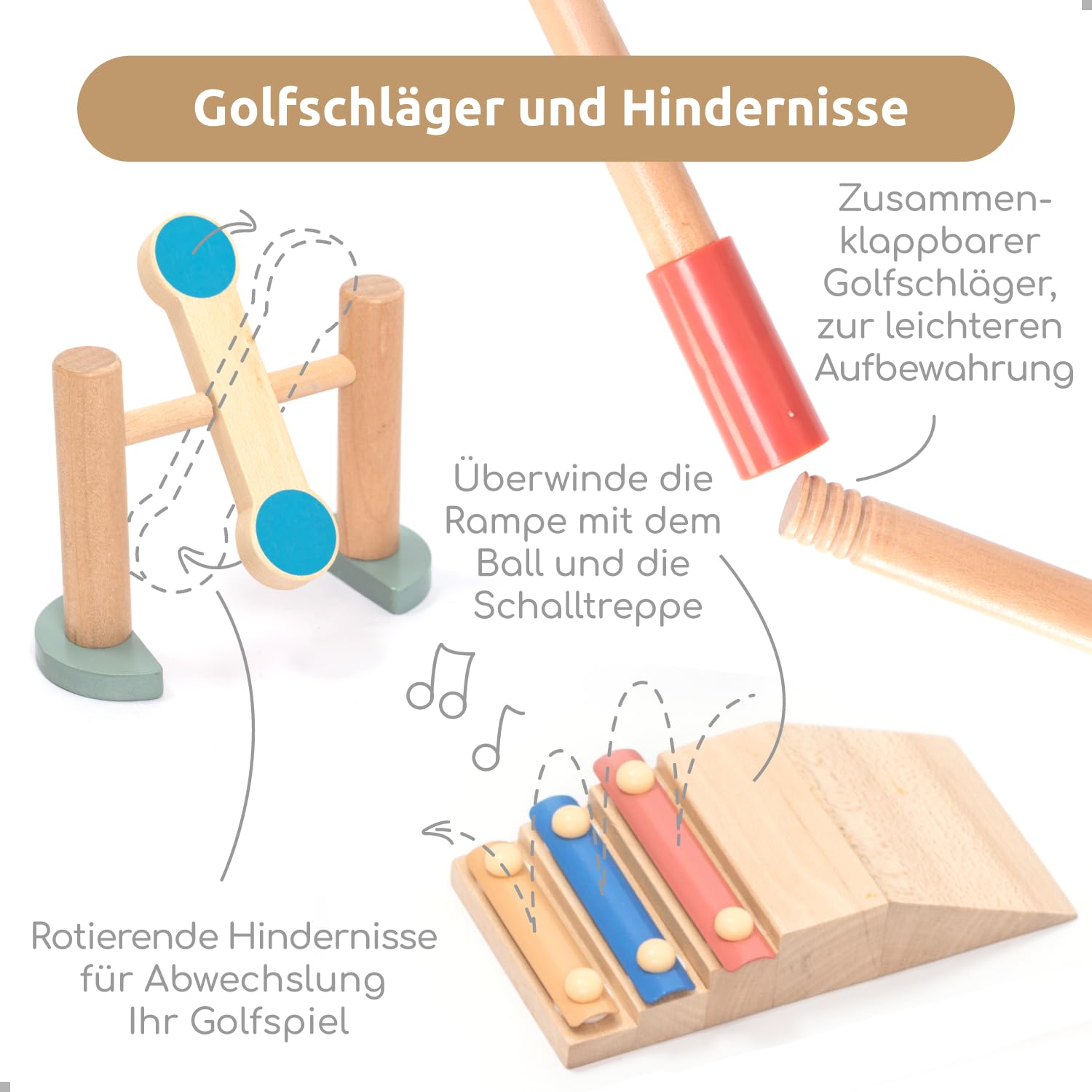 umu® Minigolf Set aus Holz für Kinder – 6 Hindernisse, Indoor und Outdoor Spielzeug Golfset mit Bällen und Golfschlägern – Kreatives Lernspielzeug für Jungen und Mädchen ab 3 4 5 6 Jahren