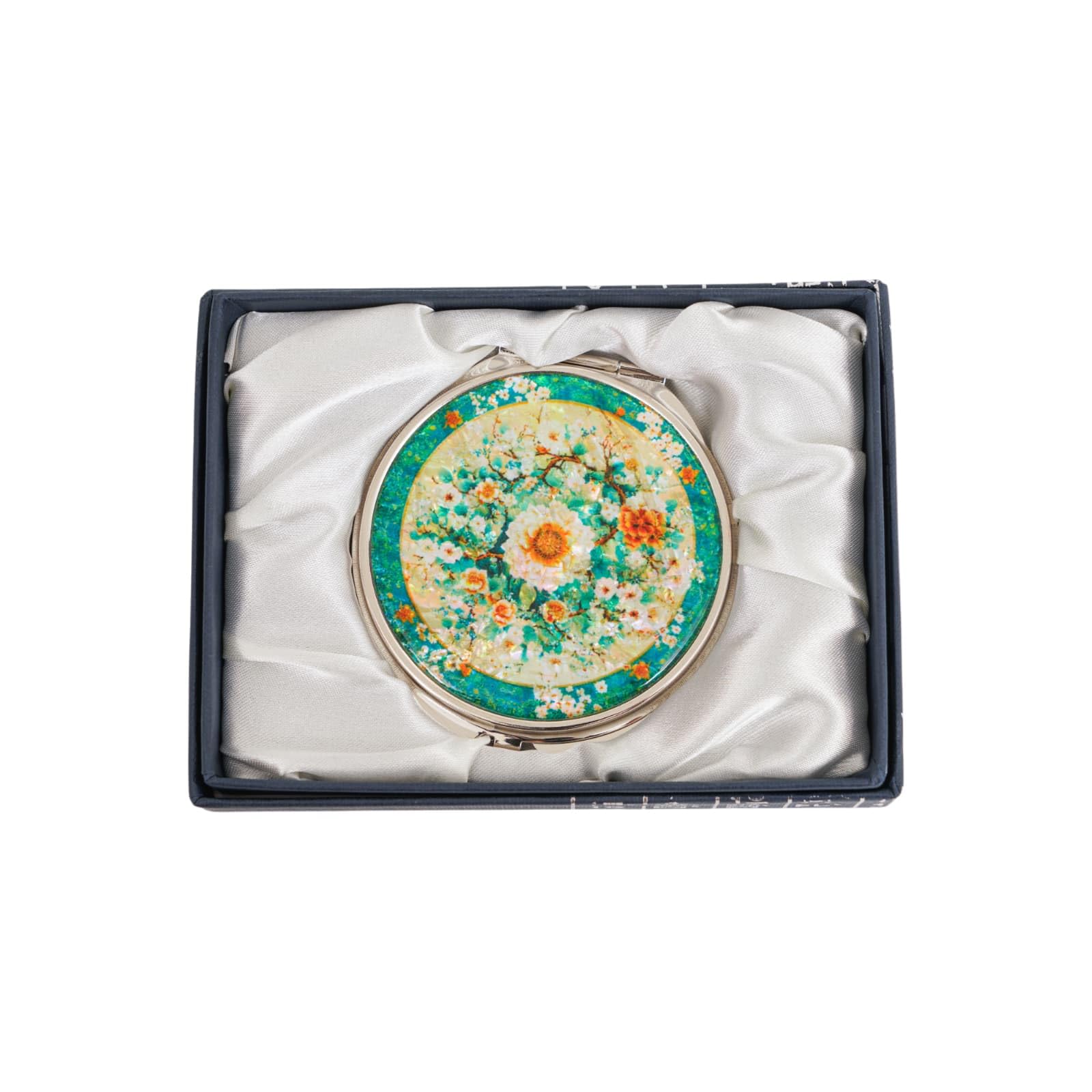 February Mountain Mother of Pearl Compact Mirror – Dual Magnification Gift for Women, Mom, Sister – Birthday or Christmas Idea (1, White Blossom)