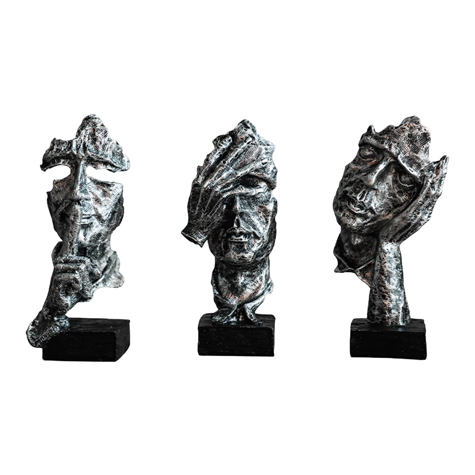 RetroNest 3Pcs Abstract Silence Is Gold Sculpture Set,Modern Artistic Home Decor Resin Statues For Bookshelf,Minimalist Thinker Figurine Unique Portrait Trio Gold Silver