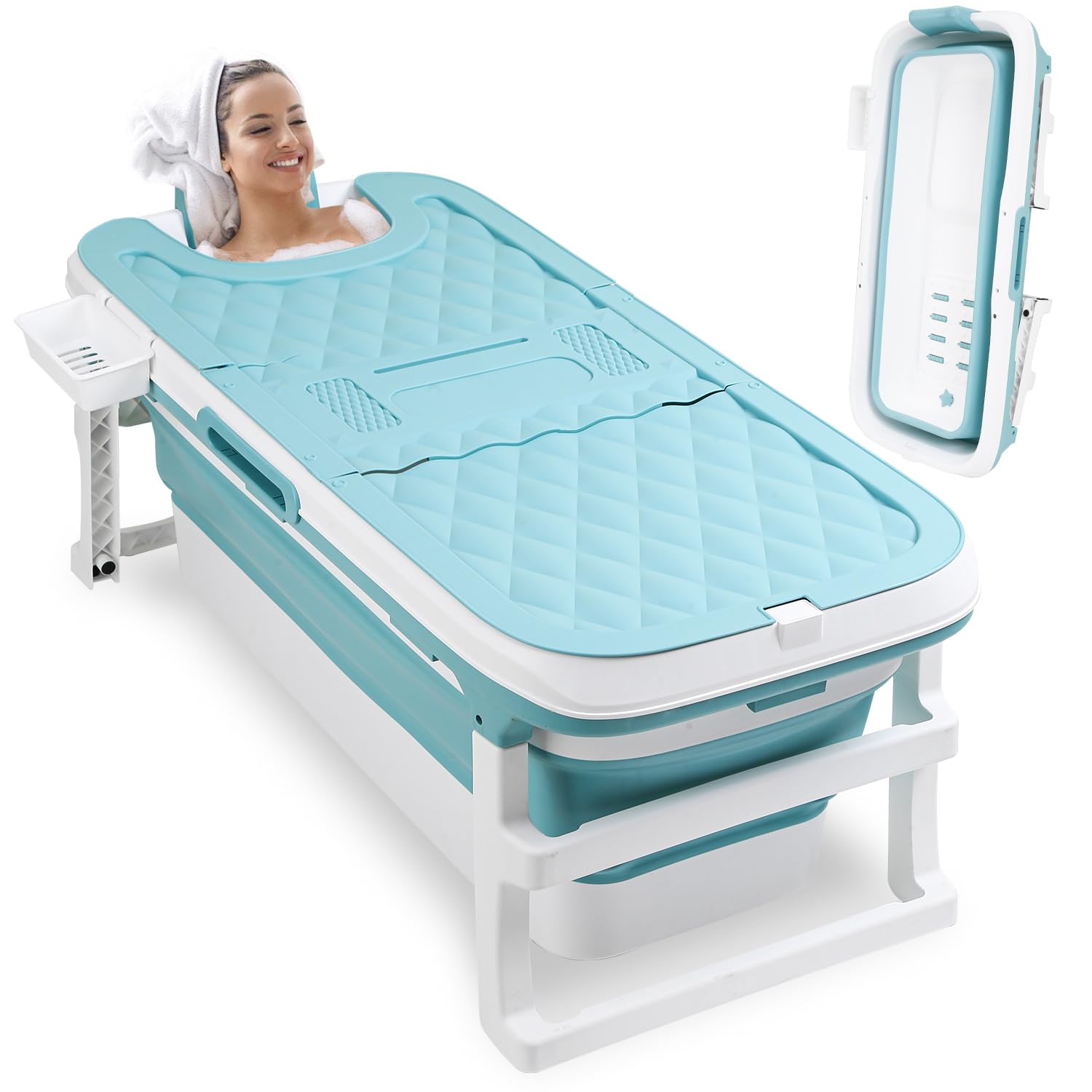 Vasca da bagno portatile pieghevole per adulti, 149 x 60 x 50 cm, con copertura, rulli massaggianti e cestino per sapone, blu, per bagno e doccia