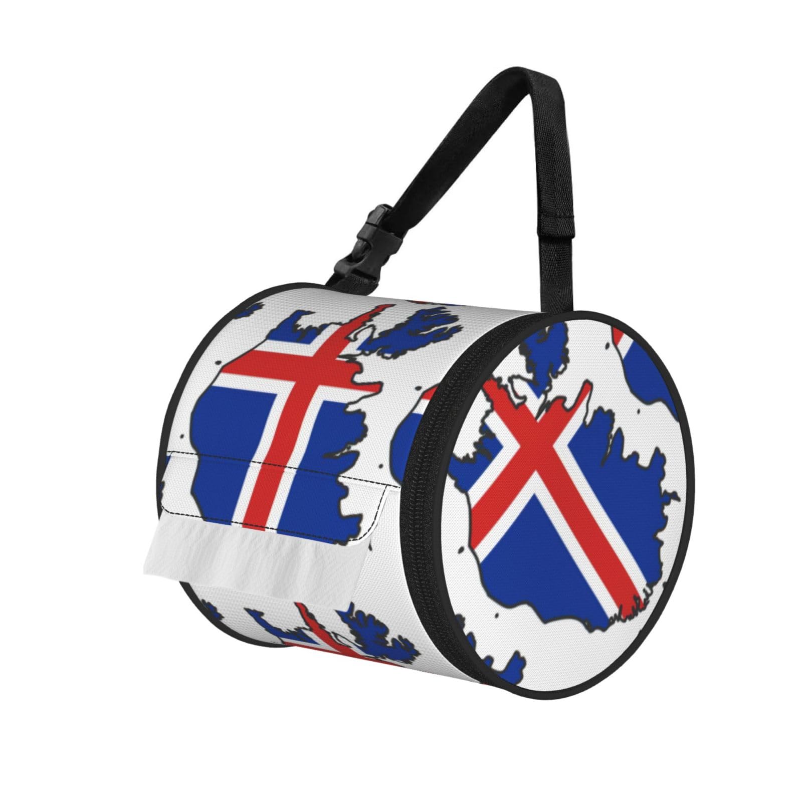 Iceland Flag Map Print Cylinder Bathroom Tissue Holder With Buckle Strap, Portable Paper Case For Road Trips