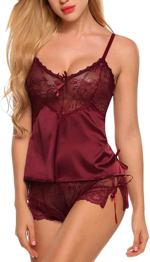 Women Sexy Lingerie Babydoll Lace Nightwear Satin Sleepwear Underwear Set Pyjama Shorts for Ladies Sleeveless Cotton Camisole Pants Sets Summer Pjs Set Erotic