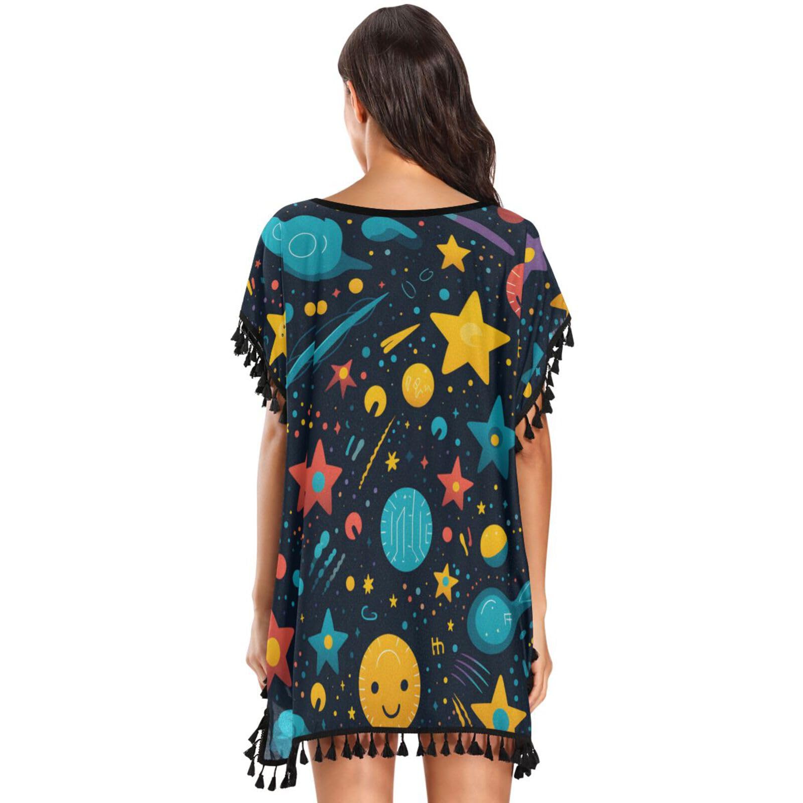 KAAVIYO Cartoon Stars Dark Moon Women's Beach Cover Up Chiffon Tassel Swimwear Swimsuit Coverups for Girl