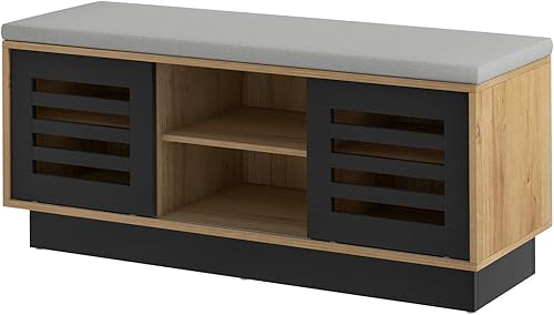 Miniatura 9 de Giantex Banco de almacenamiento de zapatos de entrada, zapatero con cojín de asiento y 6 compartimentos de almacenamiento, 2 puertas correderas y 3