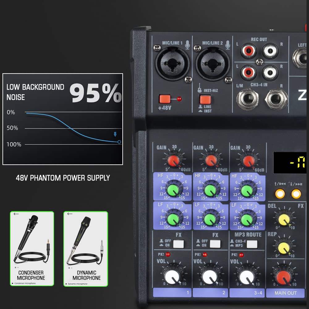 ZRAMO Audio DJ Mixer 4 Channel Studio Karaoke Mixing Console with Bluetooth USB and 48V Phantom power For Studio Karaoke PC Live Performance KTV Home Stage Music Effects