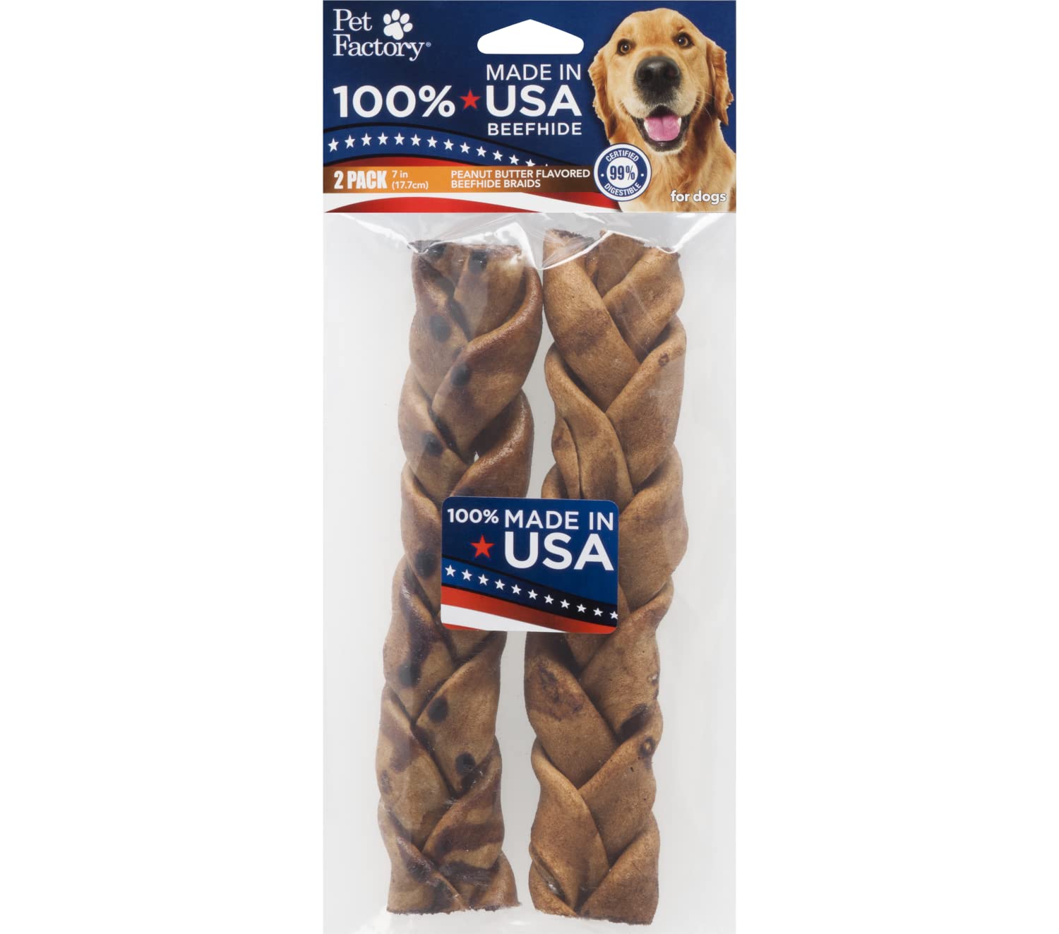 Pet Factory 100% Made in USA Beefhide 7" Braided Sticks Dog Chew Treats - Peanut Butter Flavor, 2 Count/1 Pack