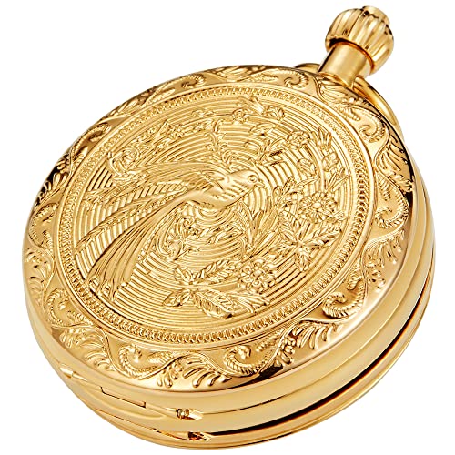 Image of Tiong Men's Luxury Pocket Watch Engraved Phoenix Mechanical Hand Wind Double Hunter Pocket Watches with Chain & Box Gifts for Father's Days