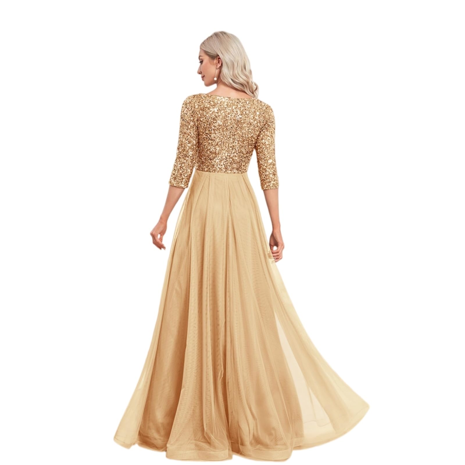 Vestito Donna Oro Paillette Maxi Abito, V Collo Tulle Splice Abito da Sera con Maniche Corte per Eventi di Nozze Festa-Gold-l