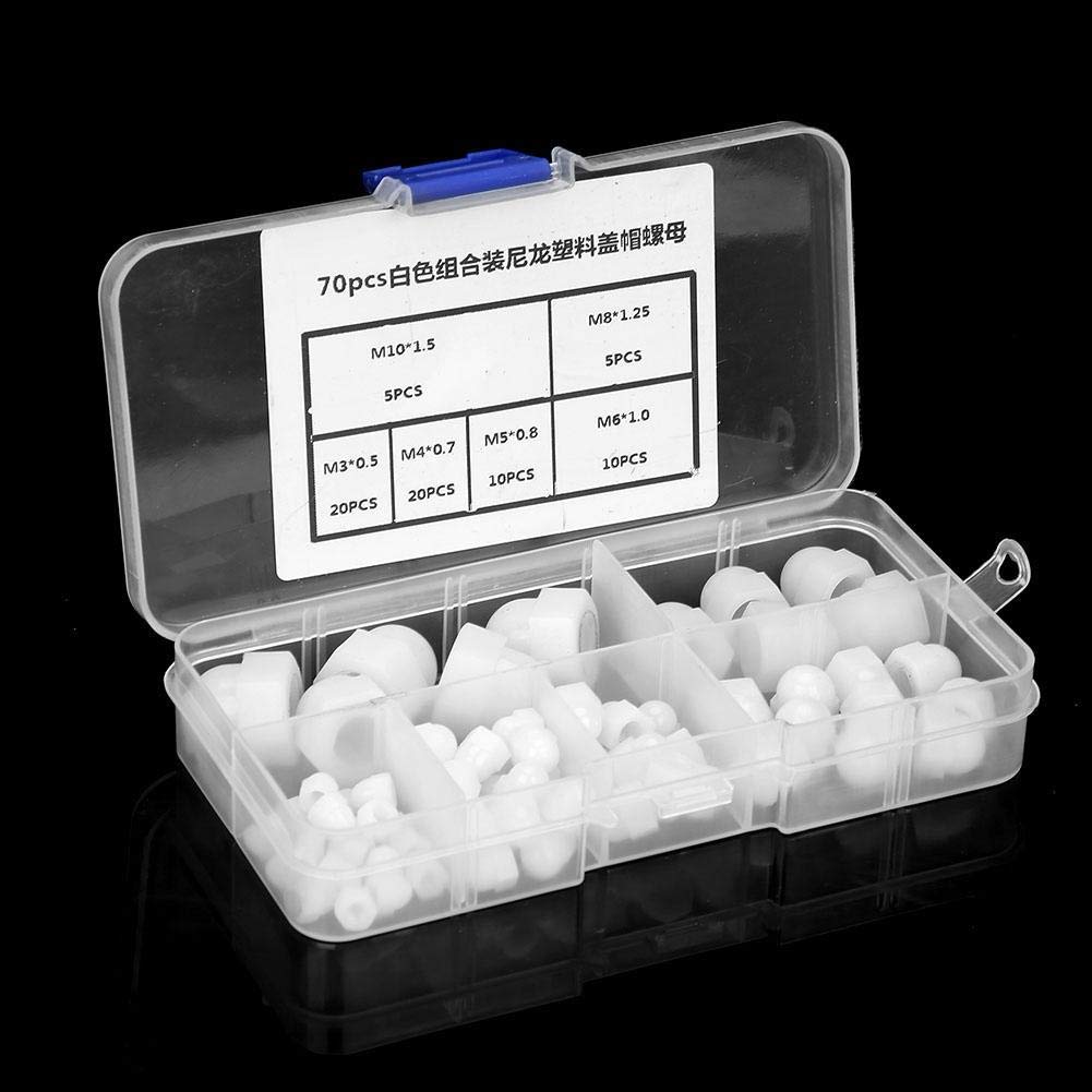 Set din Dadi, Kit Assortimento,Dado Esagonale, Tappo A Testa Bombata In Nylon,Dado Cieco A Forma di Dadi a Ghianda 70 Pezzi M3/m4/m5/m6/m8/m10 Bianca