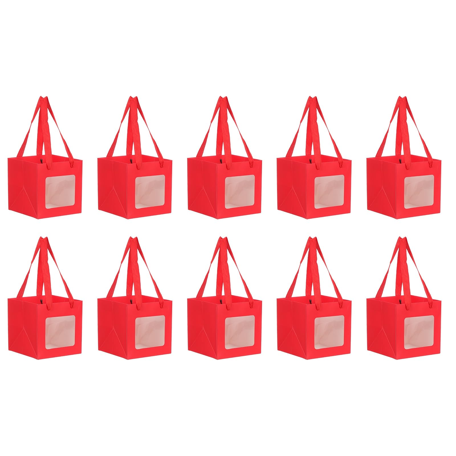 PATIKIL 10Pcs Paper Gift Bags with Window, 15 x 15 x 15cm Square Medium Kraft Gift Wrap Bags for Wedding Birthday Party Shopping, Red