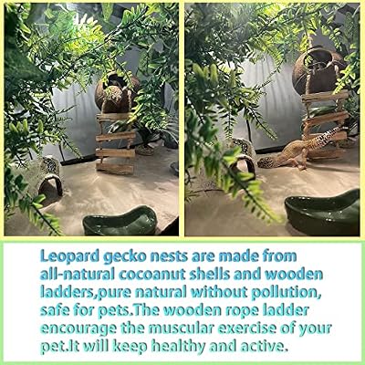 kathson Leopard Gecko Coconut Husk Hut Reptile Habitat Accessories Hideout Hole Climbing Ladder Bendable Hanging Plants Sleeping Hiding Breeding Apply to Amphibians and Small Animals