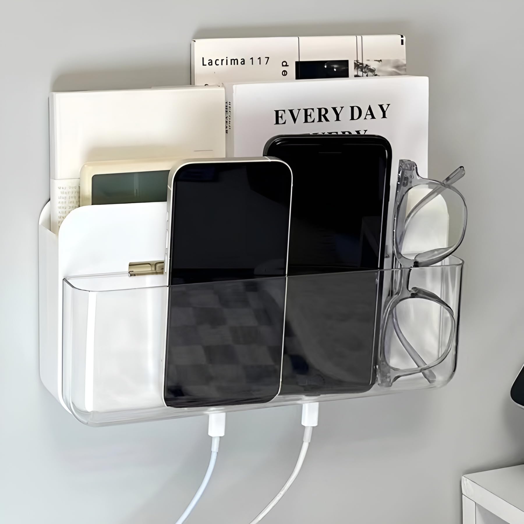 GWEOBZ Adhesive Remote Control Holder Wall Mounted Phone Charging Holder Universal Controller Holder Wall Mount Storage Organizer Box No Drilling Home