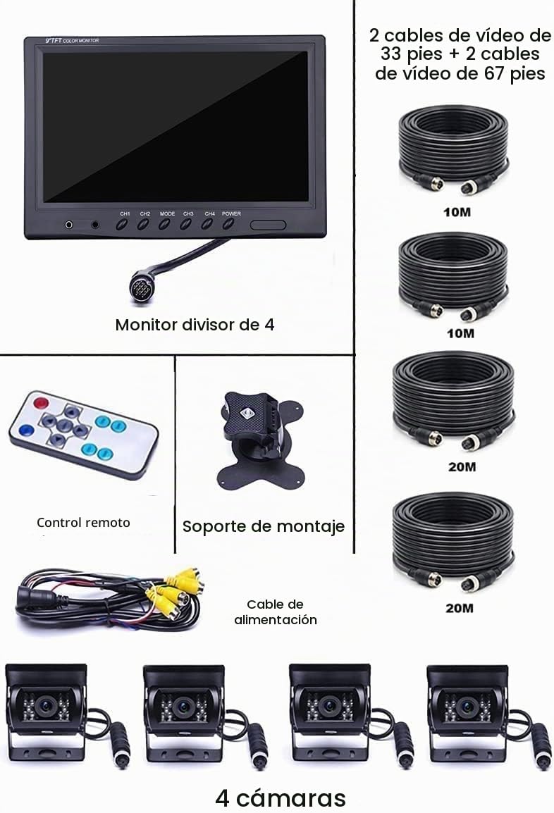 CAMECHO Camara Trasera Kit para Maquinaria Agricola,Monitor de 9 Pulgadas con 4 Cámara Trasera Impermeable,Visión Nocturna Soporte de 4 Canales para Tractor, Camion Remolques Autobús 12V-35V