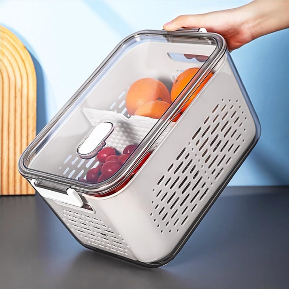 Katalia Organizador Nevera Frigorifico Cocina Multifuncional Cesta Escurridor y Almacenamiento de Alimentos con Tapa Material Resistente BPA-Free Transparente y Gris