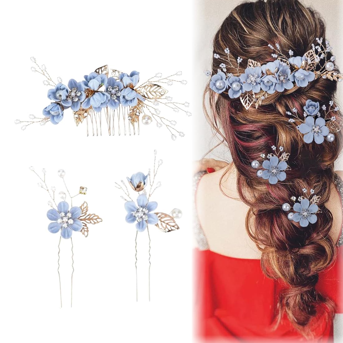 WHYCNJL 3 Piezas Peine para el Cabello Nupcial - Accesorios para el Cabello de Diamantes de imitación con Clip para el Peine de la Boda para la Dama de Honor de la Novia azul