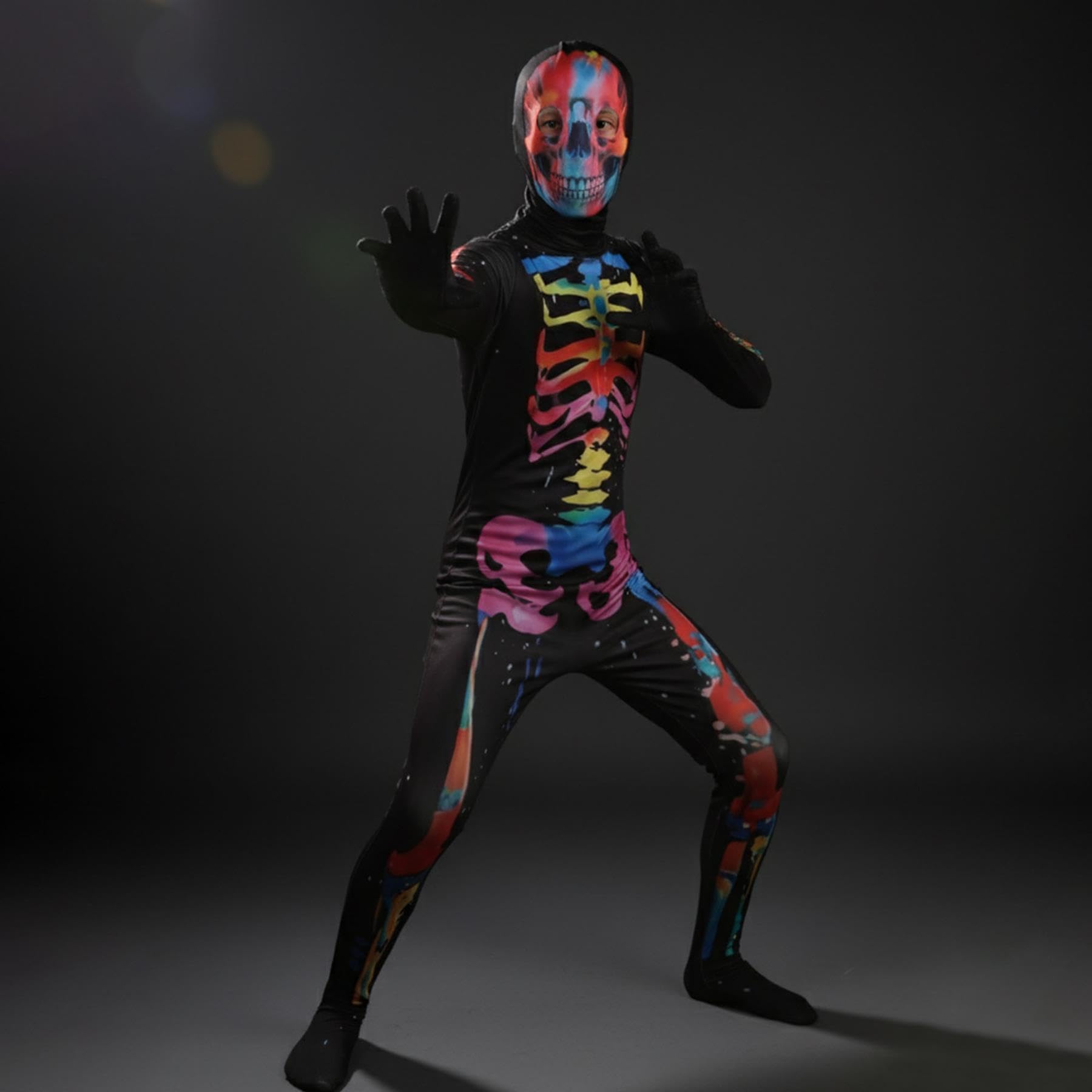 A2Z 4 Kids Kostium neonowego szkieletu dla chłopców i dziewczynek, na Halloween, fantazyjna sukienka z maską czaszki, czarny, świecący szkielet, jednoczęściowe body na imprezy typu cukierek albo