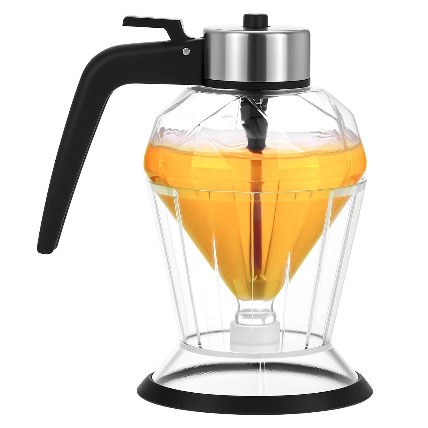 QWORK Glass Honey Dispenser with Stand and Wooden Dipper – 8 Oz No Drip Diamond Shaped Syrup Jar for Maple Syrup, Honey and Oil – Mess-Free Kitchen Storage for Breakfast, Brunch & Tea Time