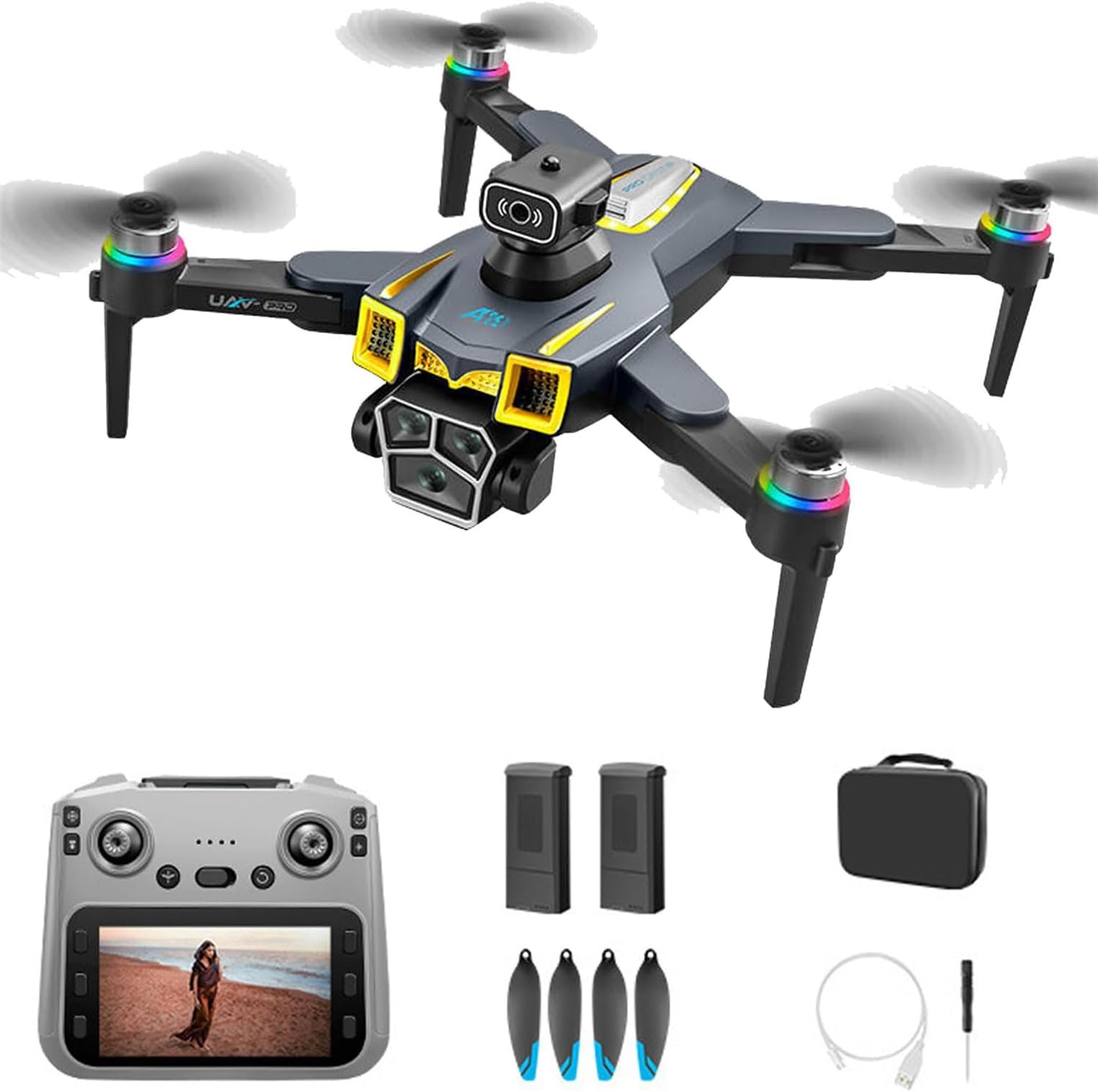 Drone con Telecamera GPS con 5.9 Pollici Schermo RC Quadricottero Pieghévole con Effetti di Luce Telecamera HD Evitamento Ostacoli Ritorno Automatico Motore Brushless Droni per Principianti e Adulti
