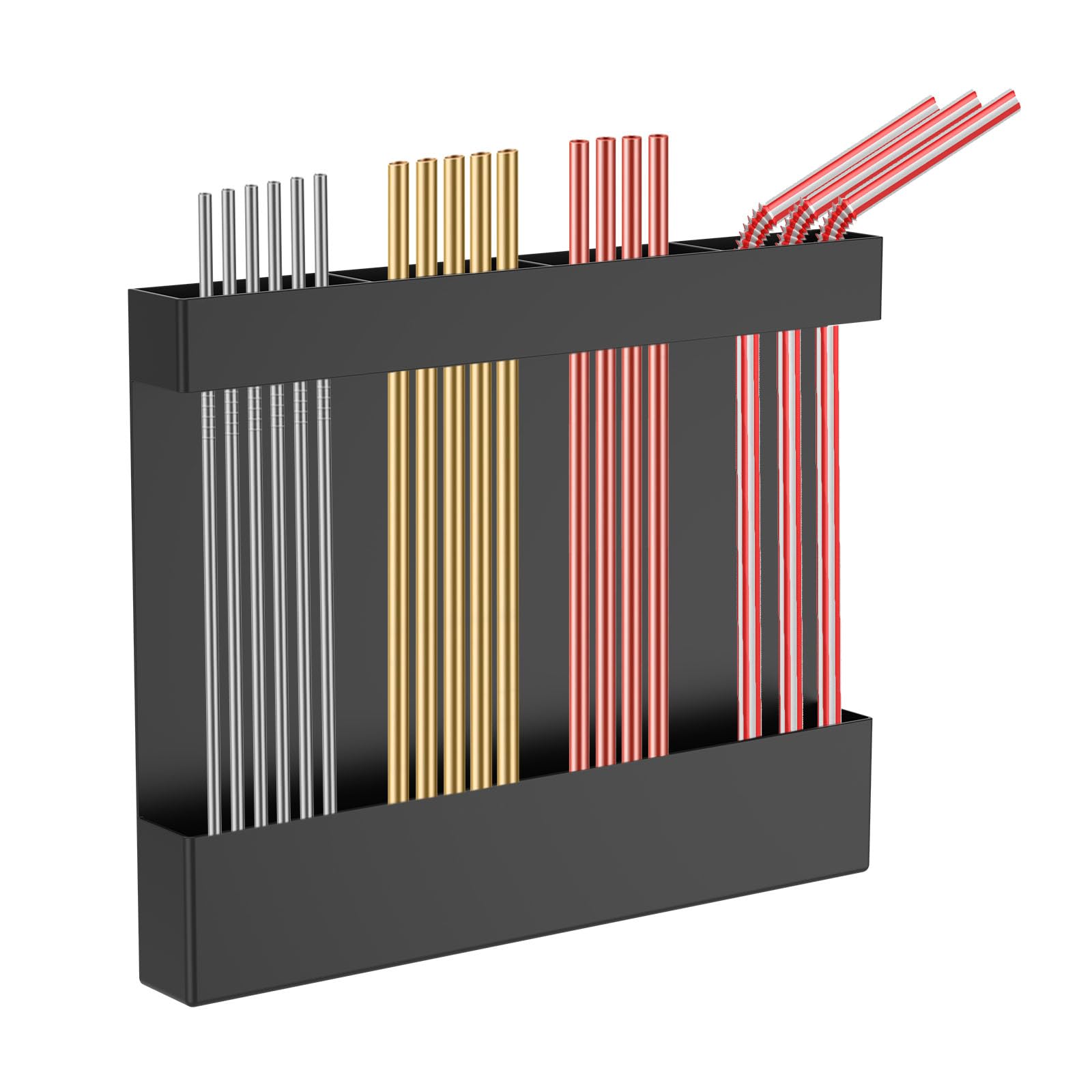 Lulobtg Black Cabinet Straw Holder, Metal Reusable Straw Organiser Dispenser, Wall Mounted Drinking Straws Storage Rack, Adhesive And Magnetic For Cupboard Kitchen Counter Bar Pub Fridge