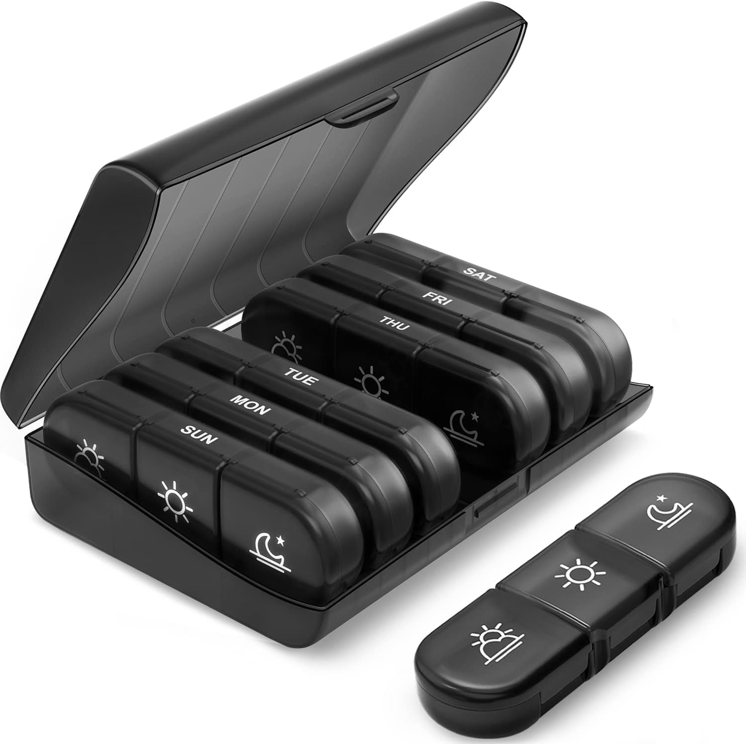 PULIV Portable 3 Times a Day Pill Organizer, 7 Day with Large Pill Containers, Light-Proof Pill Case for Vitamins, Medication, Supplements and Fish Oils (Black)