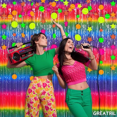 Image of Gradient Colorful Party Streamers Backdrop Decorations - GREATRIL Rainbow Party Backdrop Curtains for VBS /Candyland /Birthday /Neon Glow /Graduation 2026 /Disco /Bachelorette Themed - 1m x 2.5m - Pack of 2