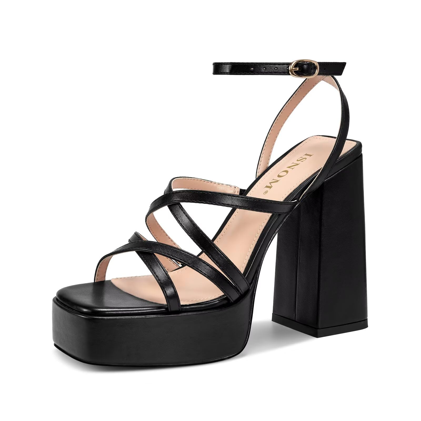 ISNOM Platform Chunky Heels for Women, Block Heel Sandals with Open Square Toe and Ankle Strap