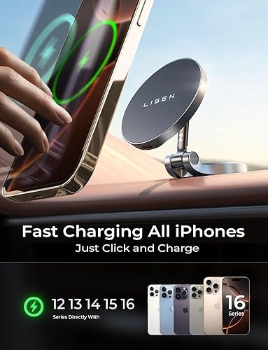 Miniatura 8 de LISEN Cargador de coche Magsafe de carga rápida de 15 W, soporte ultra magnético para teléfono de coche Mini y metal, cargador de coche inalámbrico